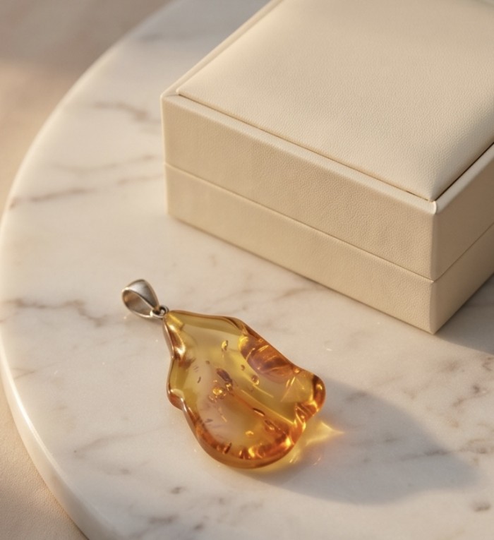Prehistoric Authentic Golden Baltic Amber .925 Sterling Silver beautifully handcrafted Pendant - Golden Baltic amber pendant on marble surface, side view