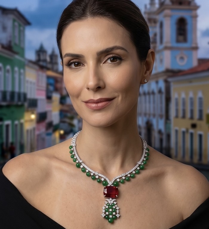 Francesca - Luxurious natural 159.8 carat Ruby Emerald .925 Sterling Silver handmade Statement necklace - Woman wearing Francesca ruby and emerald necklace, front view.