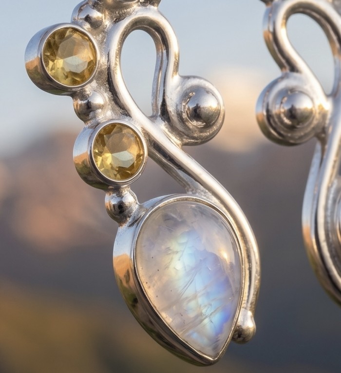Cascades OF LIGHT Genuine 7.2 carat Fire Moonstone .925 Silver handcrafted earrings - Close-up of moonstone and citrine in silver jewelry detail.