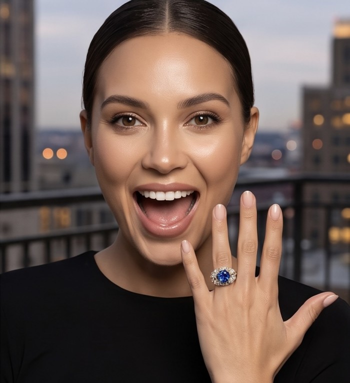 Precious Design oval cut 9.9 CARAT Tanzanite 18K Gold over .925 Sterling Silver Statement Ring s. 6 1/4 - Woman showing oval tanzanite ring worn on hand against city backdrop