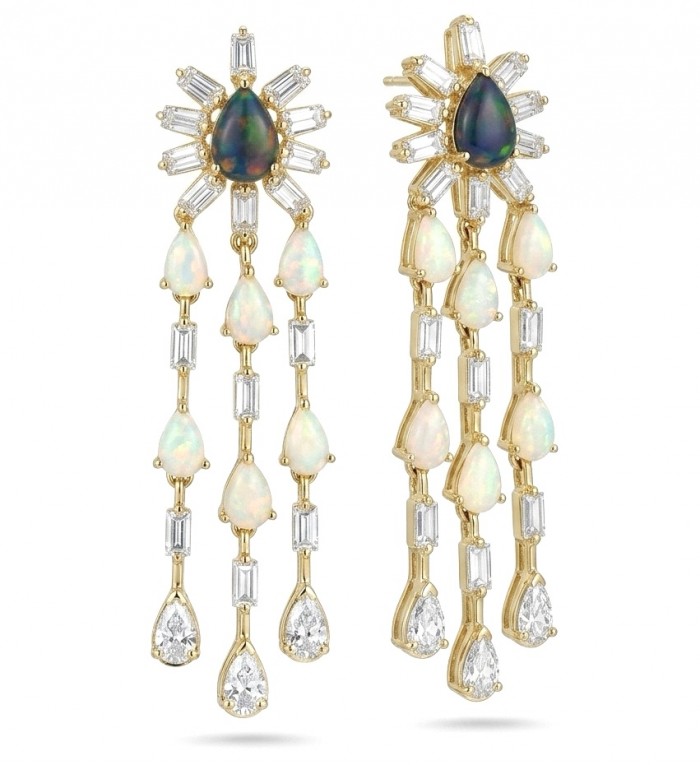 Giovanna 8.2 carat Australian Black Opal Australia Opal 22K Gold over .925 Sterling Silver incredible handcrafted Earrings - Dangling opal and diamond earrings featuring black opal, front view.