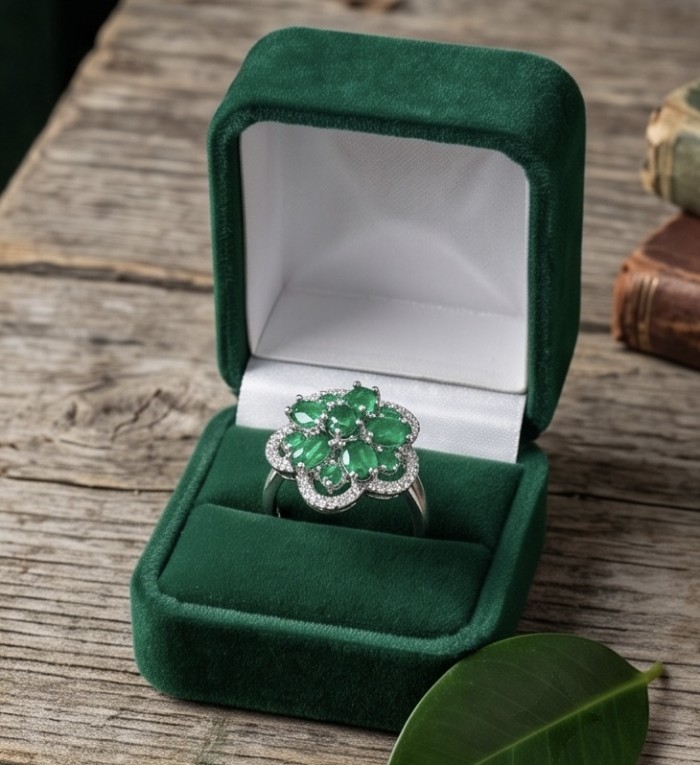 Blooming Spring 6.5 carat Chrome Diopside .925 Sterling Silver handcrafted ring size 6 - Ring in green velvet box, top view of Blooming Spring design.