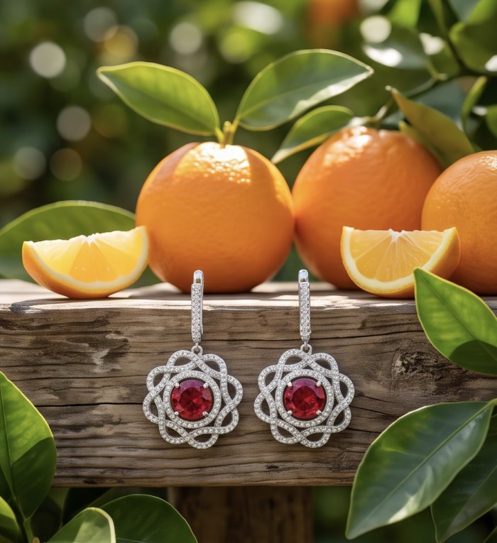 Exquisite 3.4 ctw Ruby .925 Sterling Silver handcrafted Statement earrings - Ruby earrings with oranges, front view, on wooden background, 3.4 ctw.