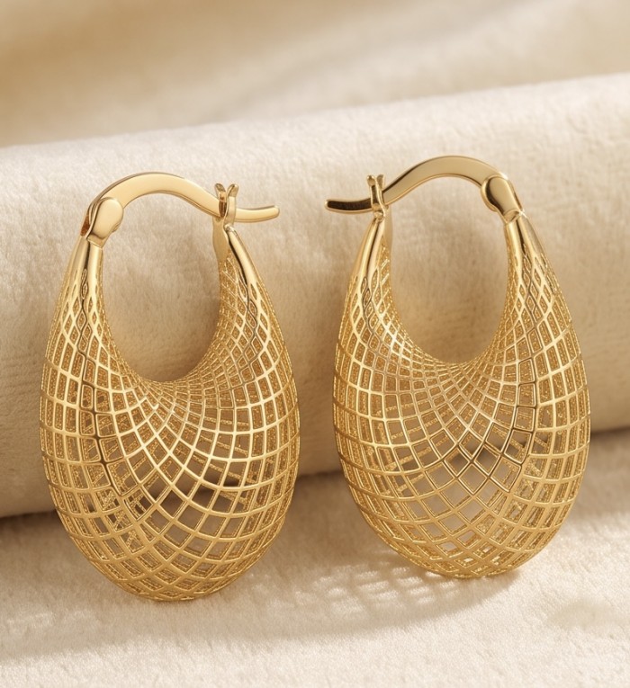 Dubai Style - Mystery- .925 Sterling Silver dipped in 22K Gold handmade Earrings - Gold hoop earrings, close-up front view on fabric background