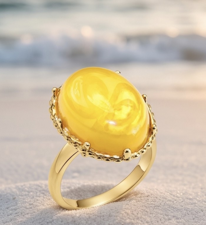Vintage Style Authentic Golden Butterscotch Baltic Amber 18K Gold over .925 Sterling Silver entirely handcrafted ring; s. 6 - Close-up of vintage style golden butterscotch Baltic amber ring.