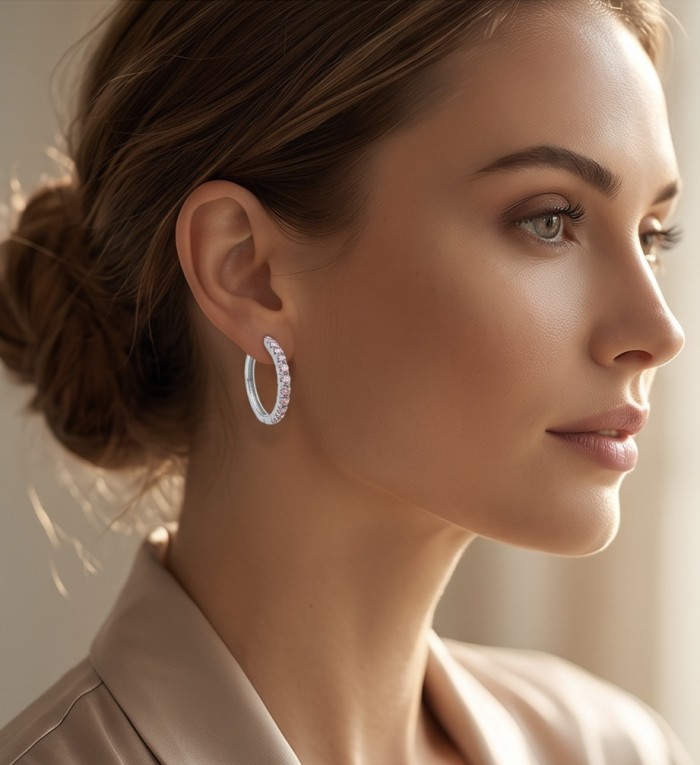 Renaissance design 0.5 carat Morganite .925 Sterling Silver handcrafted earrings - Side view of Renaissance 0.5 carat Morganite hoop earring worn