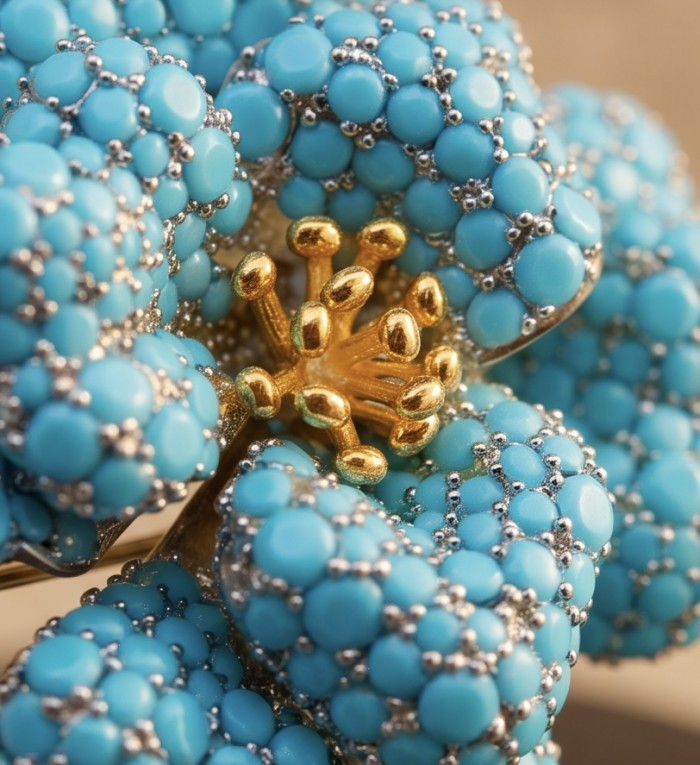 Retro Style - Precious Rose Genuine 24.2 carat pave Turquoise rhodium over .925 Sterling Silver handmade Pendant - Brooch - Stone close-up of 24.2 carat turquoise pave rose with gold accents
