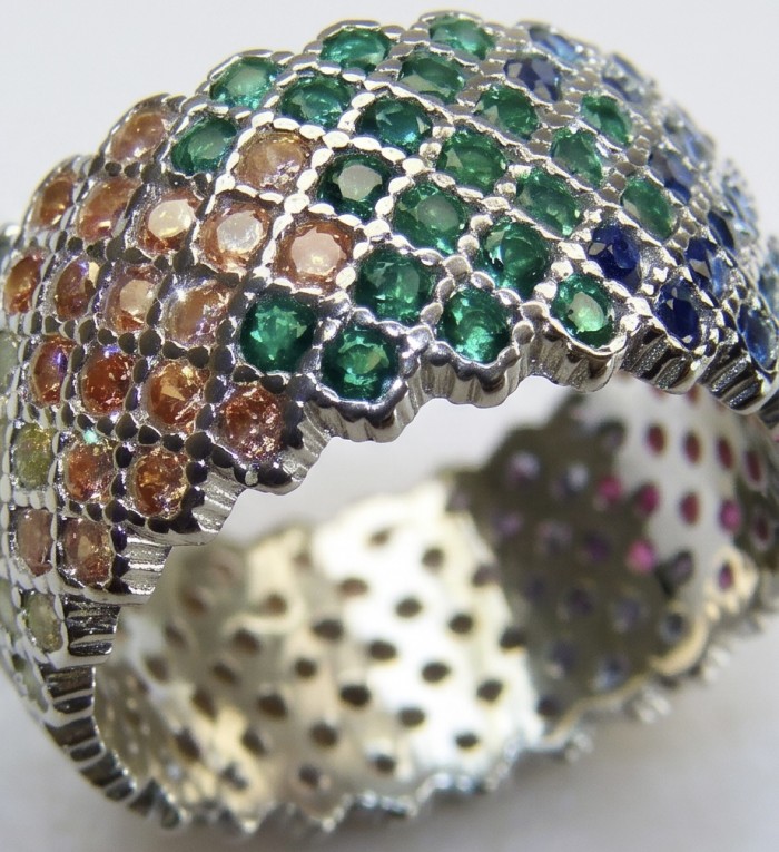 My own Rainbow - authentic 8.7 carat multigem .925 Sterling Silver Eternity Ring size 6 - Close-up of multigem rainbow ring in .925 sterling silver.