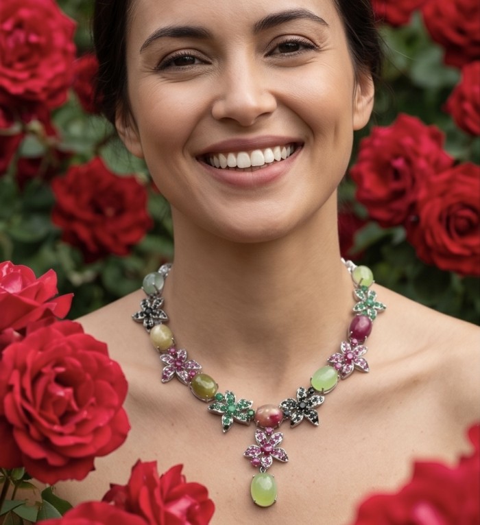 Isabella - Beauty of Nature natural 155.5 carat Ruby Green Tourmaline Rhodium over .925 Sterling Silver handmade Statement necklace - Necklace worn among roses, highlighting stones and floral design.