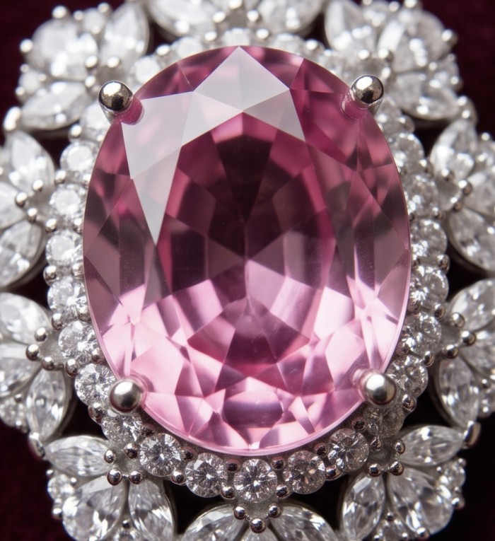Tiffany Incredible oval cut 20.4 carat Pink Sapphire .925 Sterling Silver handcrafted pendant - Close-up of Tiffany oval cut 20.4 carat pink sapphire ring