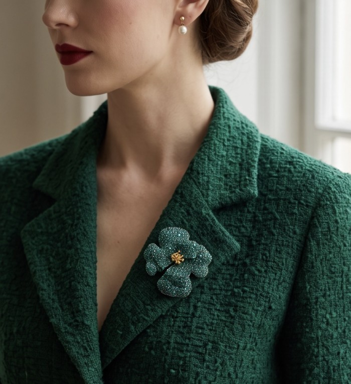 Retro Style - Precious Rose Genuine 24.2 carat Colombian Emerald black rhodium over .925 Sterling Silver handmade Pendant - Brooch - Side view of a brooch on a green blazer with pearl earrings.