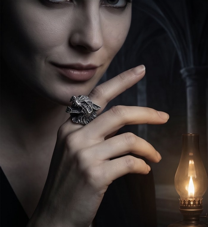 Wild Wolf .925 Sterling Silver Ring s. 8 1/4 - Woman wearing Wild Wolf .925 Sterling Silver Ring near lamp.