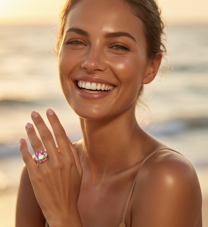 12.8 carat Brazilian Tourmaline .925 Sterling Silver dipped in rhodium Perfectly handcrafted Ring s. 8 1/2 - Woman wearing 12.8 carat Brazilian Tourmaline ring, close-up on hand