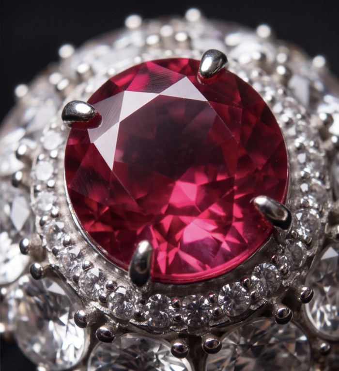 Scarlett 14.8 ctw Mozambique Ruby rhodium over .925 Sterling Silver handcrafted Statement Ring size 6 1/4 - Close-up of Scarlett 14.8 ctw Mozambique Ruby with surrounding diamonds