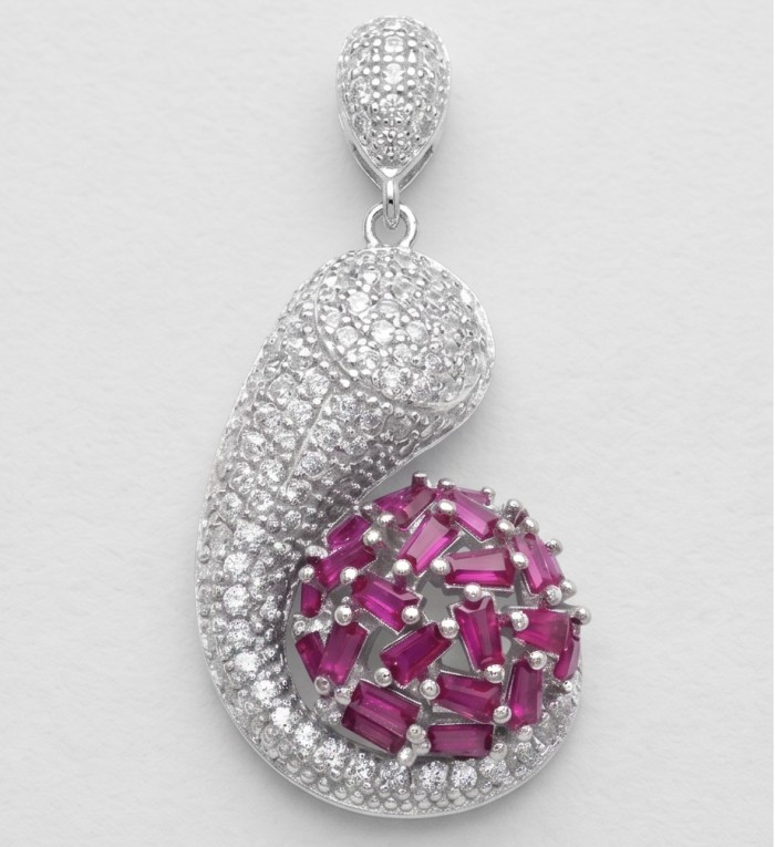 Stella 14.2 carat authentic Mozambique Ruby rhodium over .925 Sterling Silver handmade Pendant - Pendant with rubies and diamonds, top view detailing stones