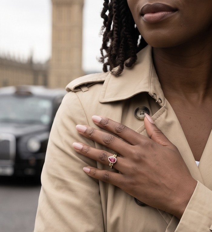 Bella Rosa Genuine 7.9 CARAT Kasmir Ruby 22K Rose Gold over .925 Sterling Silver Statement Ring size 7 1/4 - Ruby ring worn on hand, near landmark and taxi background.