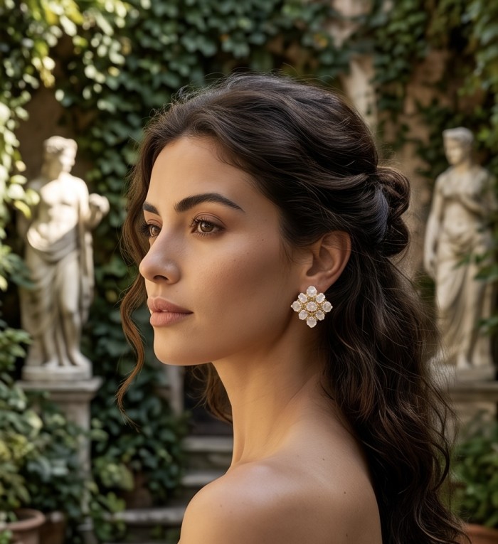 Scarlett 15.5 carat Brazilian Rose Quartz 22K Gold over .925 Sterling Silver handcrafted Statement Earrings - Side view of Scarlett earrings with rose quartz and gold, worn by a model.