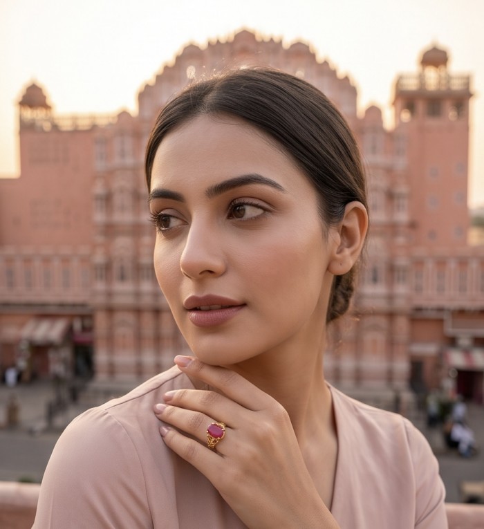 Carmen Natural 11.4 carat Kasmir Ruby .925 Sterling Silver dipped in 22K Gold handmade Statement Ring size 8 - Woman wearing Carmen Kashmir Ruby ring, side profile against backdrop