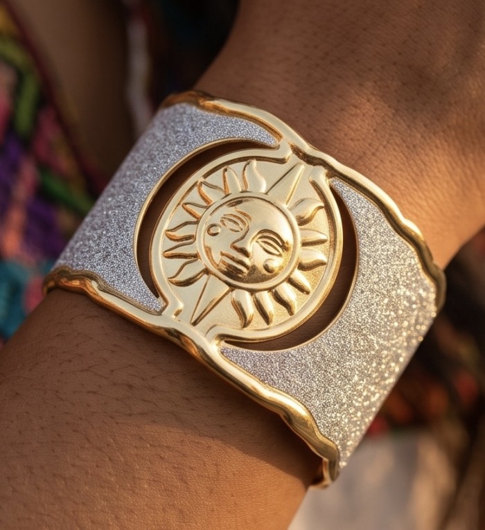 Renewal - Byzantine design 14K Gold over .925 Sterling Silver handcrafted Bracelet / Cuff - Gold sun cuff bracelet worn on wrist, close-up view.
