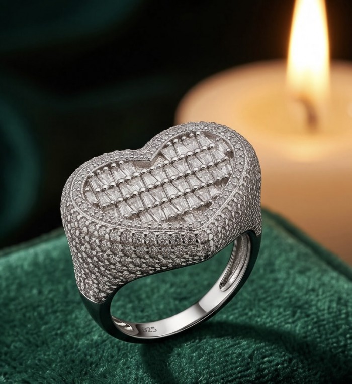 Art Deco Precious Heart - 10.5 carat White Sapphire .925 Sterling Silver Handcrafted Statement Ring size 7 1/2 - Close-up of heart-shaped white sapphire ring with candle in background.