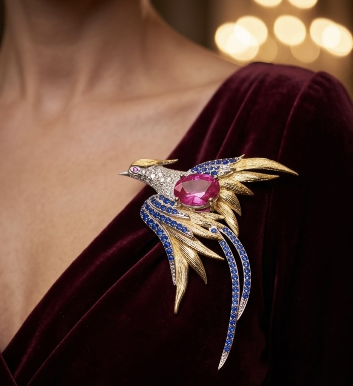 Colorful Precious Exotic Bird 5.2 Ruby 1.8 carat pave Sapphire 2 tones .925 Sterling Silver Pendant Brooch - Exotic bird brooch with ruby and sapphires, worn on burgundy fabric.
