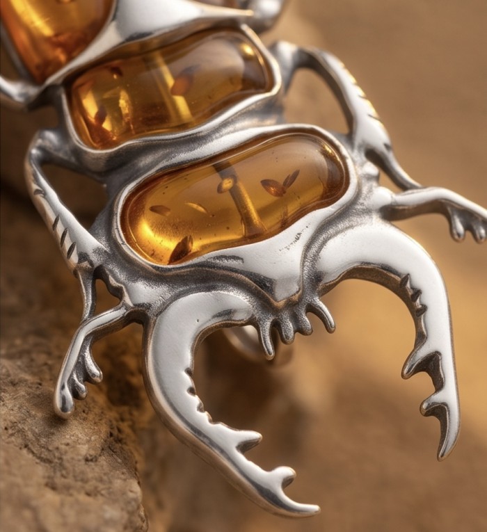 Secret Scarabaeus Baltic Polish Amber .925 Sterling Silver dipped in Rhodium Pendant / Brooch - Close-up of beetle-shaped amber and silver jewelry detail