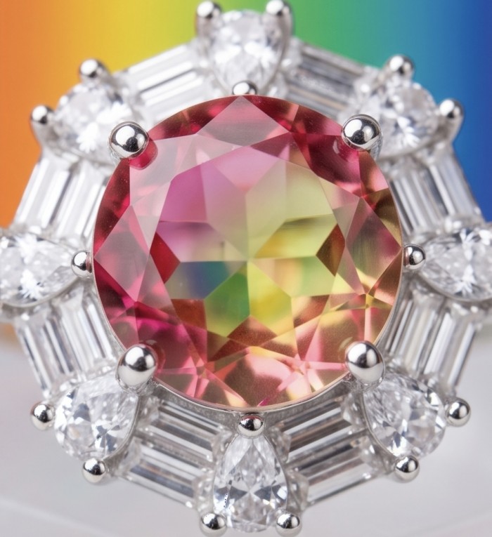 Round cut 3.8 carat Brazilian Pink Tourmaline .925 Sterling Silver dipped in rhodium Perfectly handcrafted Ring s. 7 1/2 - Close-up of round cut 3.8 carat Brazilian pink tourmaline ring.