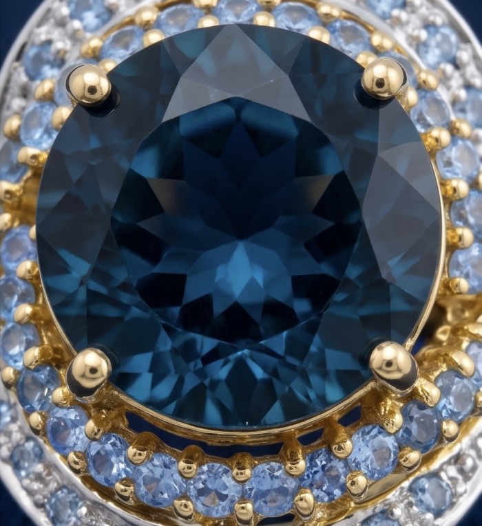 The Wheel of Time 12.8 carat authentic London Blue Topaz 18k Gold over.925 Sterling Silver handmade Statement Ring size 7 1/4 - Close-up of London Blue Topaz with gold prongs and surrounding stones
