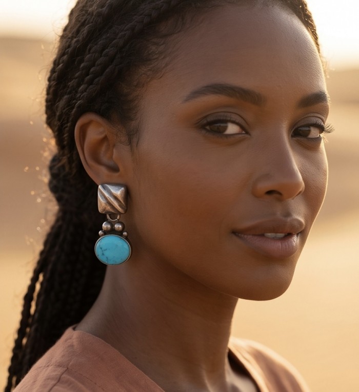 Native Spirit Great authentic Sleeping Beauty Turquoise .925 Sterling Silver handcrafted STATEMENT Earrings - Side view of woman wearing turquoise and silver earrings outdoors