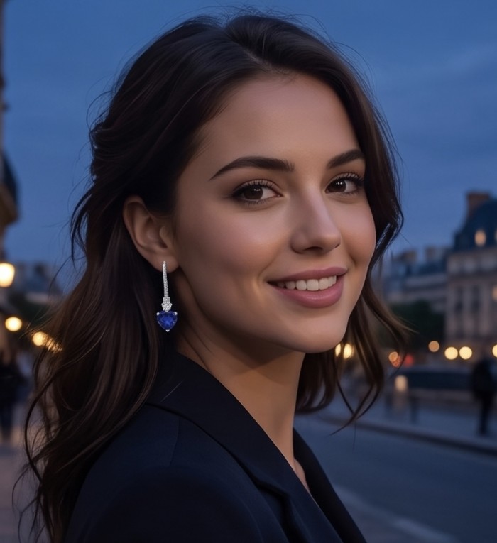 Vintage style - Giovanna - 6.8 carat Sapphire .925 Sterling Silver handcrafted earrings - Woman wearing Giovanna 6.8 carat sapphire earrings, side view.