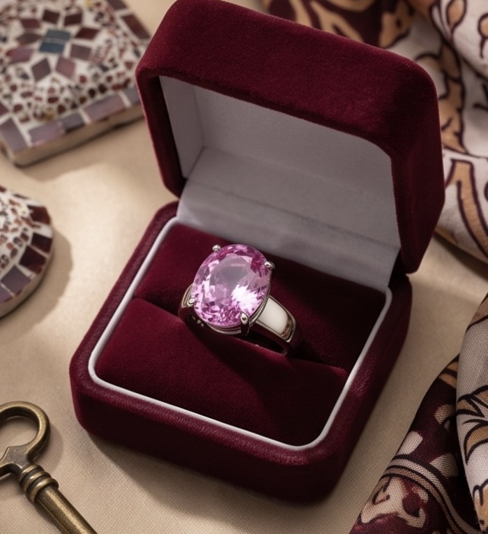 Anastasia 15.8 carat Pink Sapphire .925 Sterling Silver dipped in Rhodium Handcrafted Statement Ring size 6 3/4 - Pink Sapphire ring in velvet box, top view, intricate background detail.