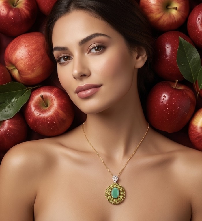 Green Royalty - 8.8 carat Colombian Emerald 6.4 carat Peridot .925 Sterling Silver dipped in 22K Gold handmade Statement pendant - Woman wearing necklace with emerald among red apples, front view.
