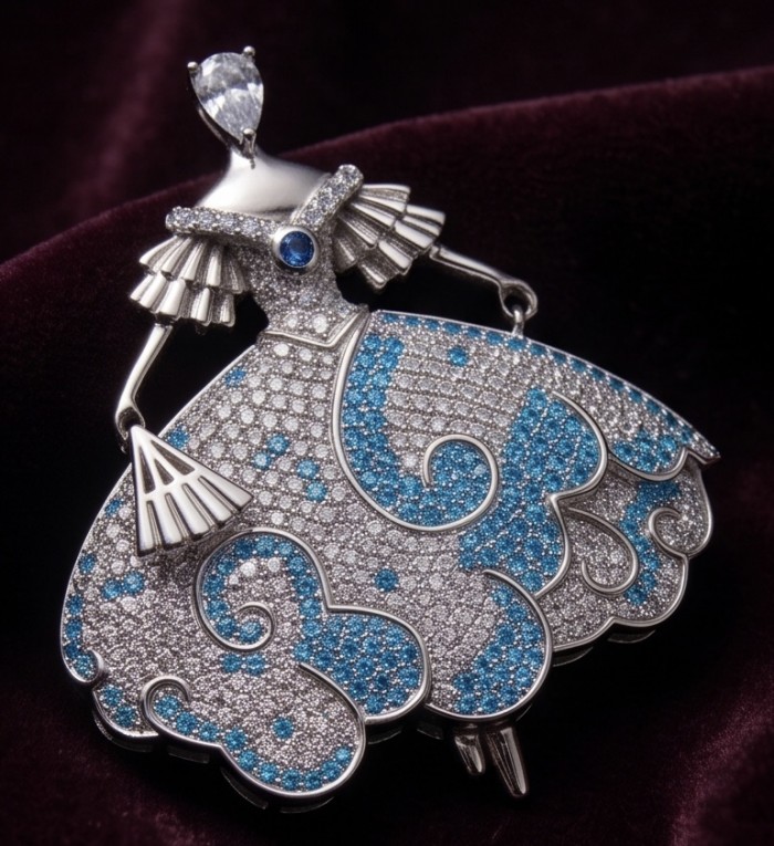 Ballerina - Precious pave 4.2 carat Colombian Sapphire rhodium over .925 Sterling Silver handmade Pendant - Brooch - Ballerina brooch, top view with sapphire and diamond detailing.