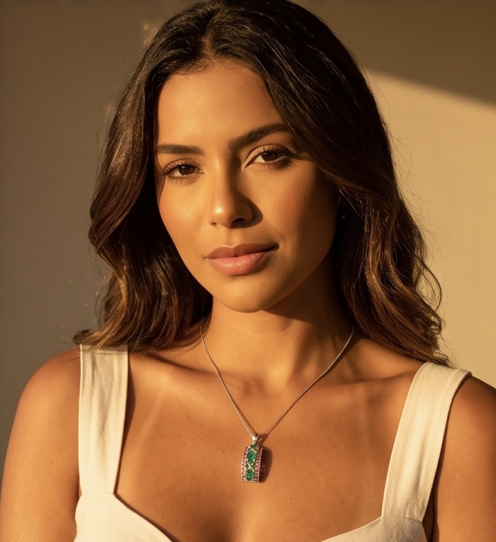 Green Beauty Natural 8.8 carat Colombian Emerald .925 Sterling Silver Handcrafted pendant - Woman wearing Green Beauty 8.8 carat Colombian Emerald necklace.