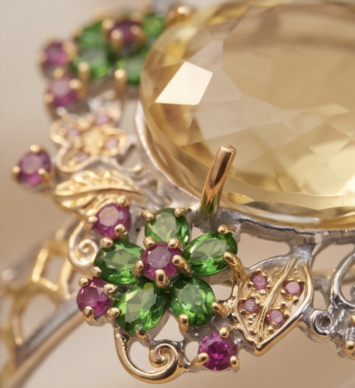 Marie Antoinette's Style - Authentic 28.9 carat Brazilian Citrine .925 Sterling Silver dipped in 18K Gold handcrafted Bracelet - Close-up of gemstone and floral detail on ornate jewelry piece