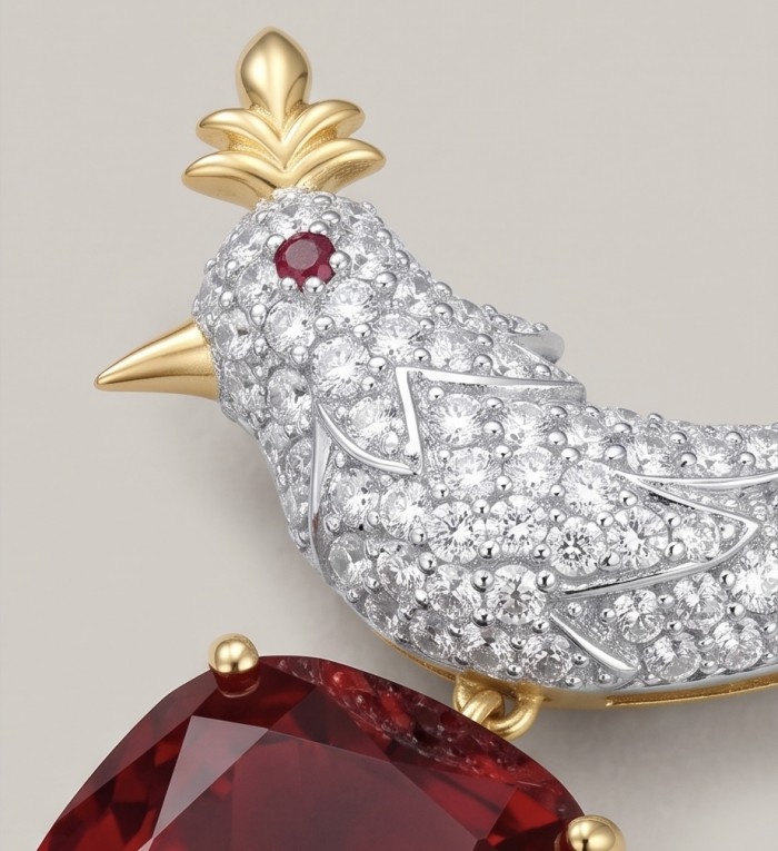 Bird on a Rock - Iconic design - Genuine 12.5 carat Ruby 18K Gold over .925 Sterling Silver handmade Brooch - Bird on a Rock brooch, side view highlighting ruby and diamond details