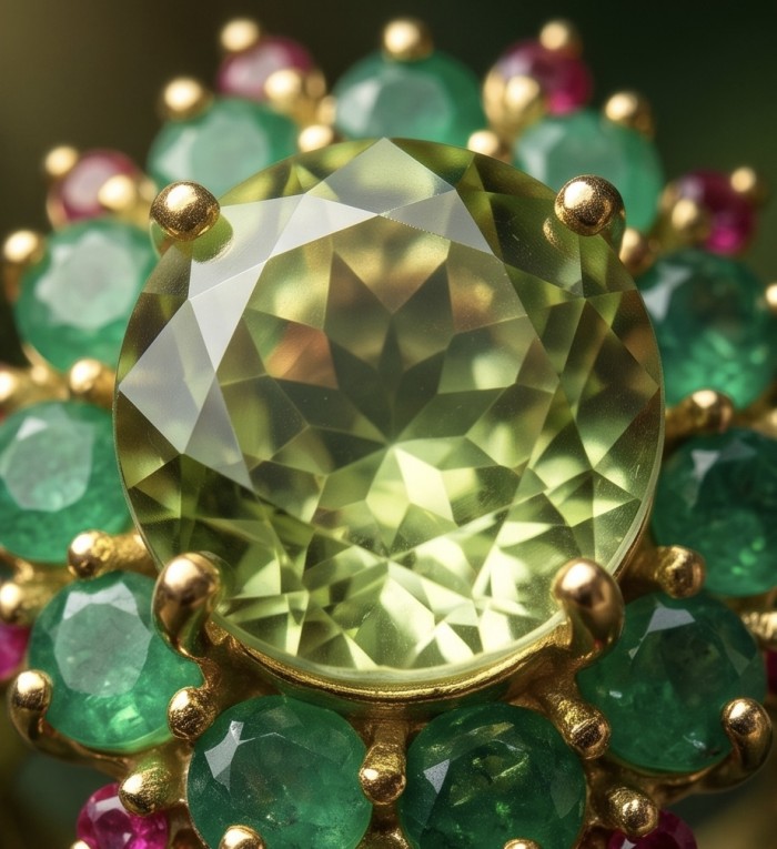 Isabel Authentic 18.7 carat Green Amethyst 22K Gold over .925 Sterling Silver handcrafted Statement Ring size 9 - Close-up of green amethyst ring with emeralds and 22K gold setting.