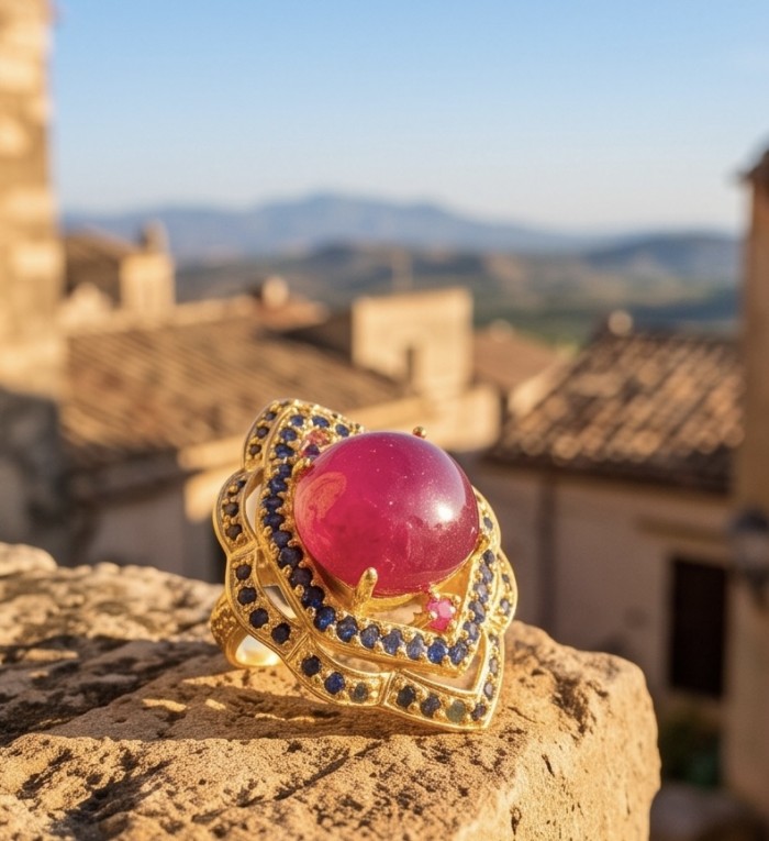 Opera Genuine 28.5 CARAT Mozambique Ruby 22K Gold over .925 Sterling Silver Large Statement Ring size 7 - Close-up of Opera 28.5 ct ruby ring on stone, 22K gold setting details