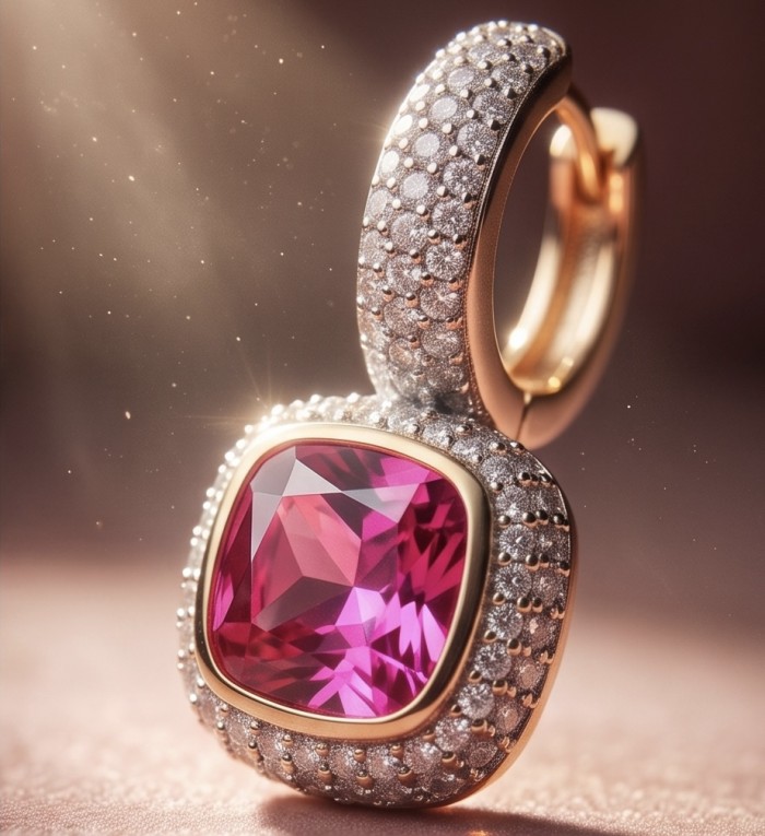 Giovanna - 6.8 carat Pink Sapphire 3.2 carat Moissanite .925 Sterling Silver dipped in 18K Gold handcrafted earrings - Close-up of Giovanna pink sapphire and moissanite hoop earring.