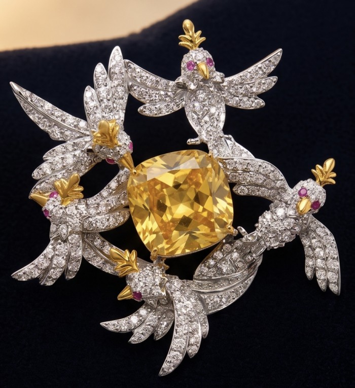 Birds around a Rock - Iconic design - Genuine 15.8 carat yellow Sapphire 0.4 carat Ruby 18K Gold over .925 Sterling Silver handmade Brooch - Close-up of jeweled birds brooch with 15.8 carat yellow stone centerpiece.