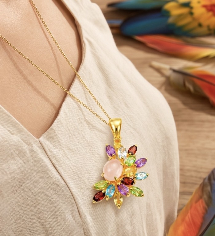 Brazilian Beauty 12.9 carat ROSE QUARTZ 18K Gold over .925 Sterling Silver handcrafted pendant - Necklace with rose quartz pendant on person, featuring colorful gemstones.
