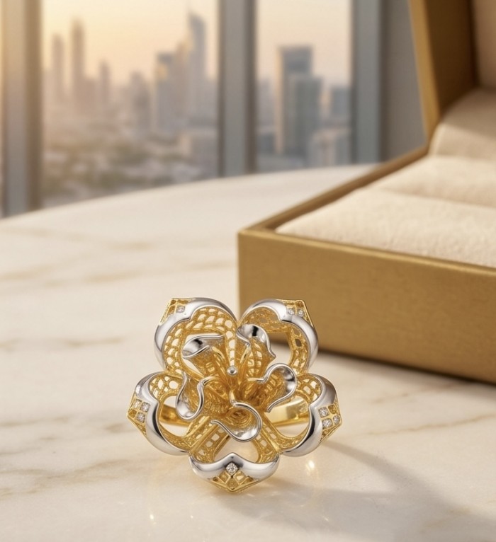 GOLDEN ROSE- Dubai Style - .925 Sterling Silver dipped in 22K Gold handmade Large ring size 7 - Close-up of GOLDEN ROSE ring in 22k gold-dipped sterling silver
