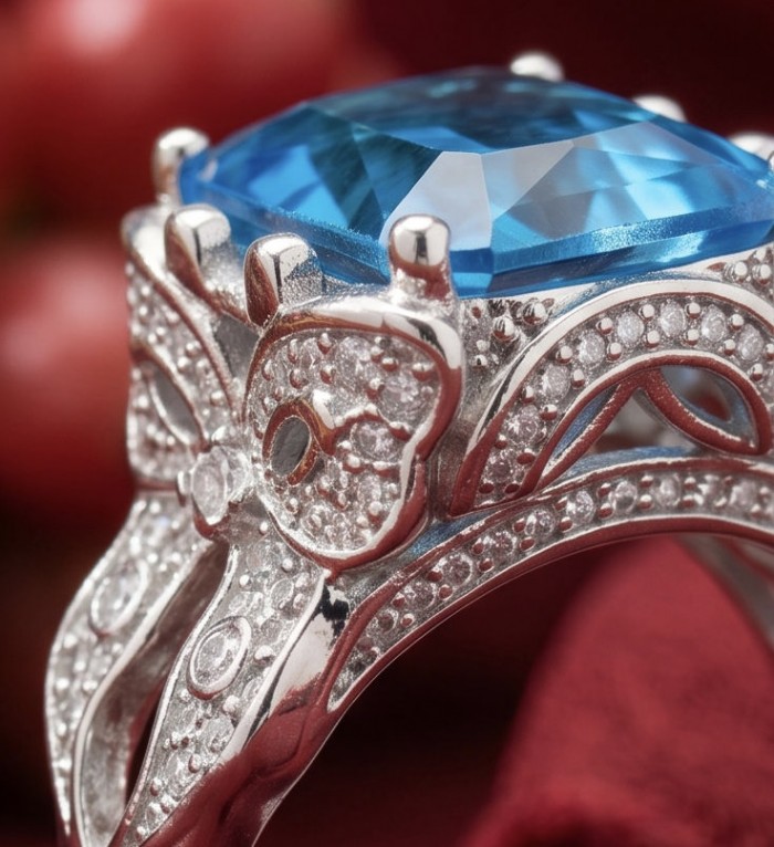 Blue OCEAN 14.3 carat Swiss Blue Topaz .925 Sterling Silver dipped in rhodium handcrafted ring size 7 1/4 - Close-up of Swiss Blue Topaz ring on ornate sterling silver band