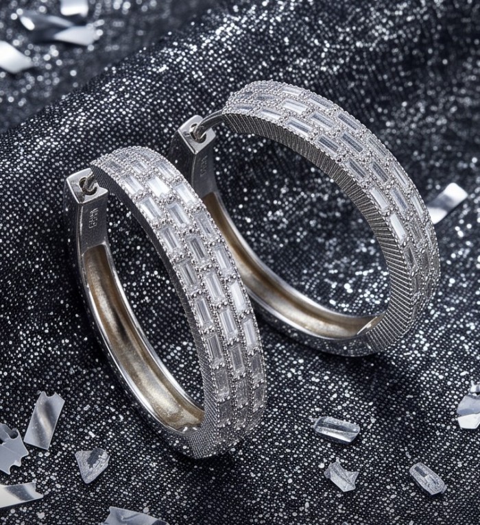 Allure Natural 10.2 carat White Topaz .925 Sterling Silver handcrafted hoop earrings - Allure earrings, close-up, white topaz, sterling silver detail.