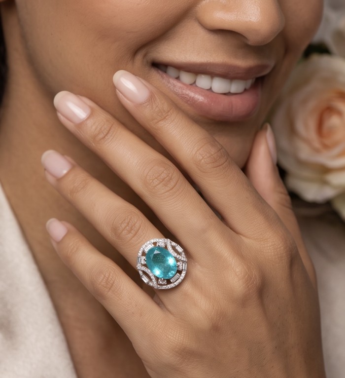 Elizabeth oval cut 11.8 carat Colombian Emerald .925 Sterling Silver dipped in Rhodium handcrafted Ring size 8 - Emerald ring on hand, showcasing the 11.8 carat Colombian stone.