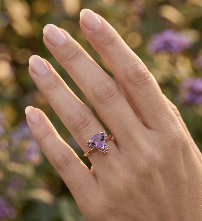 3.4 carat Amethyst 18K Gold over .925 Sterling Silver Handcrafted Ring size 10 1/4 - Amethyst ring in gold worn on hand, outdoor setting.