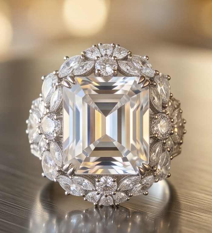 Asscher cut 25.2 carat White Topaz rhodium over .925 Silver handcrafted Cocktail Ring s. 7 1/4 - Close-up of Asscher cut 25.2 ct White Topaz ring with diamond accents.