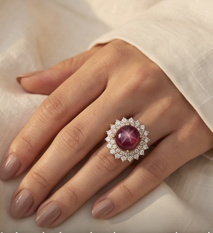 Francesca Authentic 10.9 carat Mozambique Ruby .925 Sterling Silver brilliantly handcrafted Statement Statement ring; s. 7 - Ruby ring with diamonds worn on hand, close-up angle