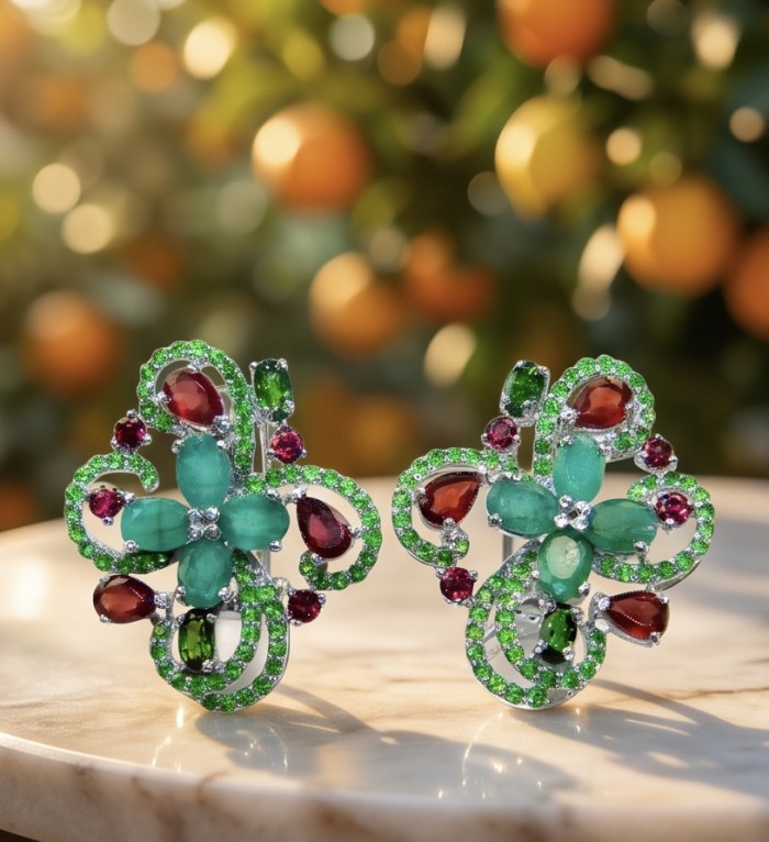 Valentina 12.2 carat Colombian Emerald .925 Sterling Silver dipped in rhodium Statement handcrafted earrings - Colorful gemstone earrings on display with a blurred nature background.