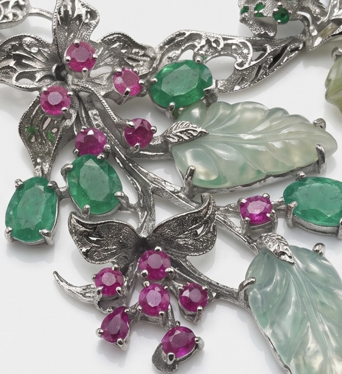 RARE BEAUTY! Valentina 168.2 carat CARVED Green Amethyst .925 Sterling Silver dipped in rhodium Statement Necklace - Stone close-up of carved green amethyst with emeralds and rubies.